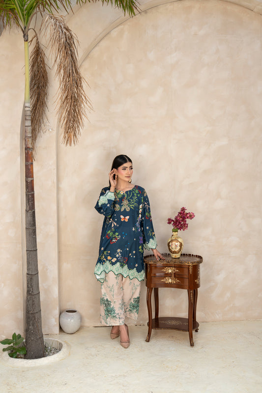 THE AZURE PRINTED ARABIC SILK CO-ORD SET (RTW2P-C1A2)