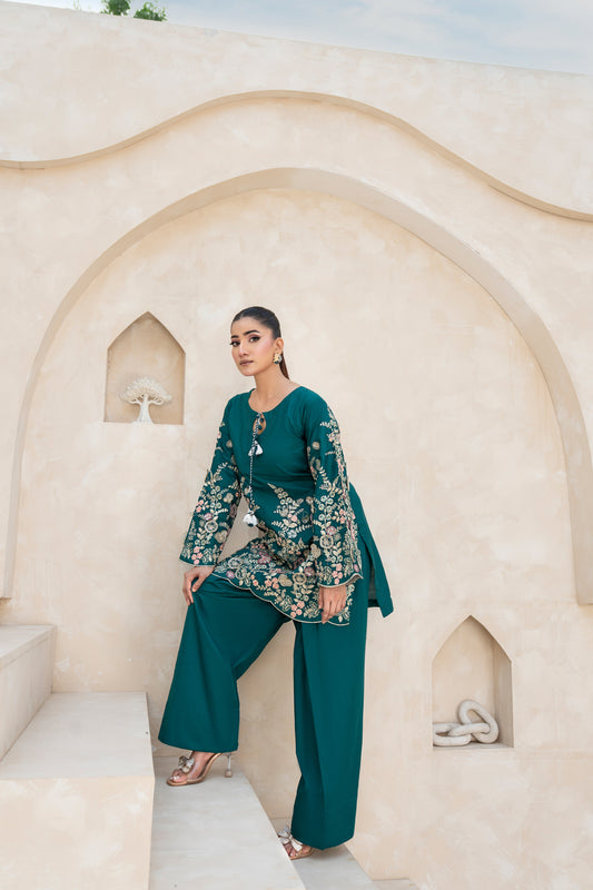 EMERALD GREEN CO-ORD EMBROIDERED ARABIC SILK SET (RTW2P-C1A8)