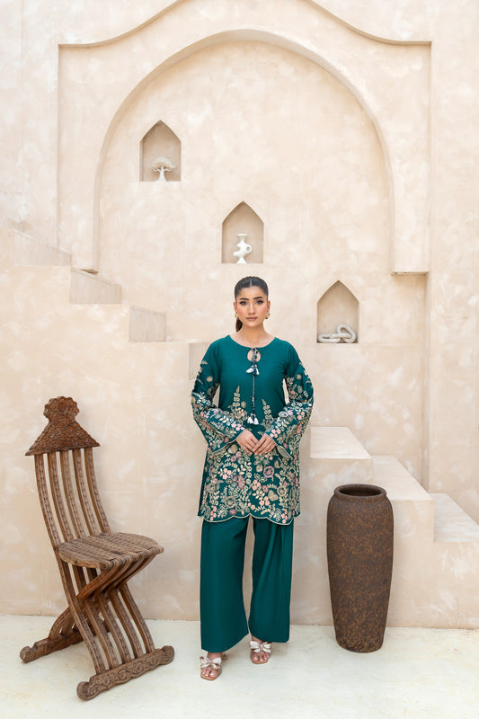 EMERALD GREEN CO-ORD EMBROIDERED ARABIC SILK SET (RTW2P-C1A8)