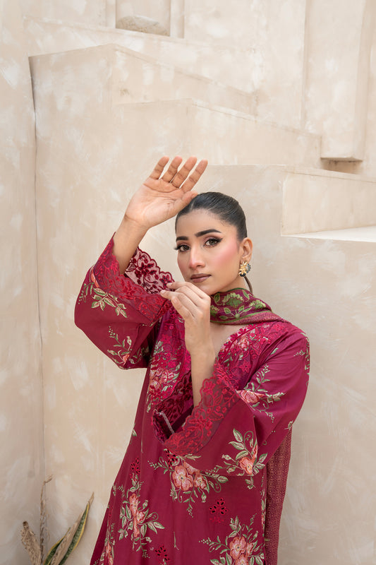 THE BURGUNDY PRINTED ARABIC SILK SET (RTW3P-C1A9)