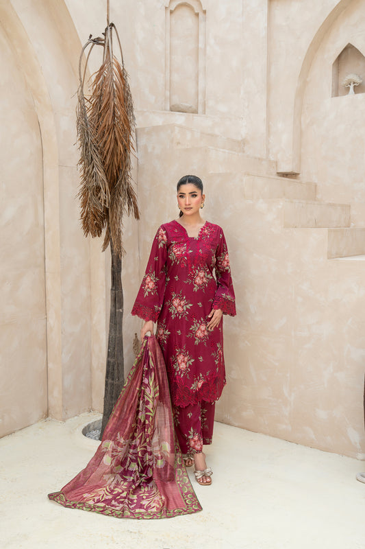 THE BURGUNDY PRINTED ARABIC SILK SET (RTW3P-C1A9)