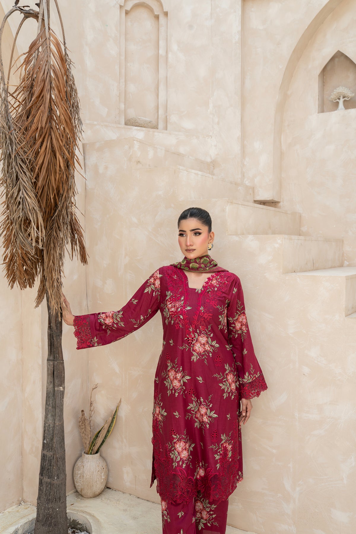 THE BURGUNDY PRINTED ARABIC SILK SET (RTW3P-C1A9)