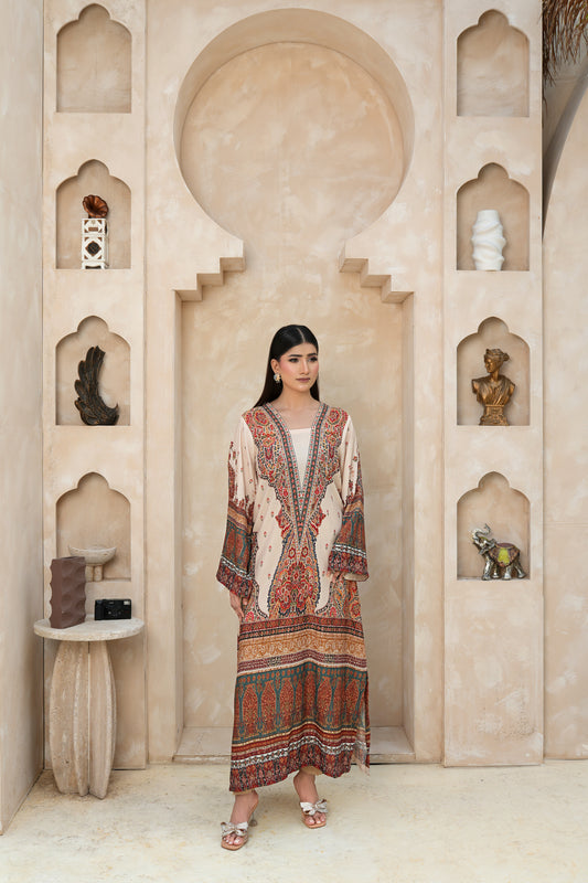 IVORY KAFTAN PRINTED ARABIC SILK (RTW1P-C1A4)