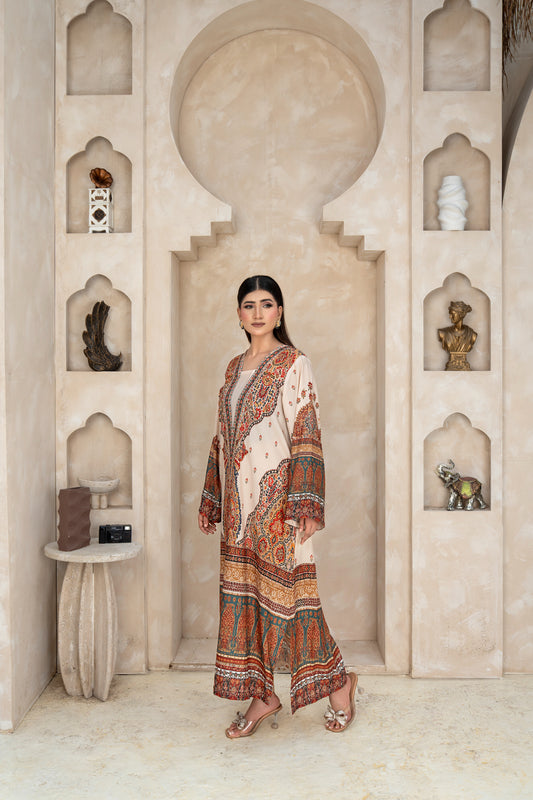IVORY KAFTAN PRINTED ARABIC SILK (RTW1P-C1A4)