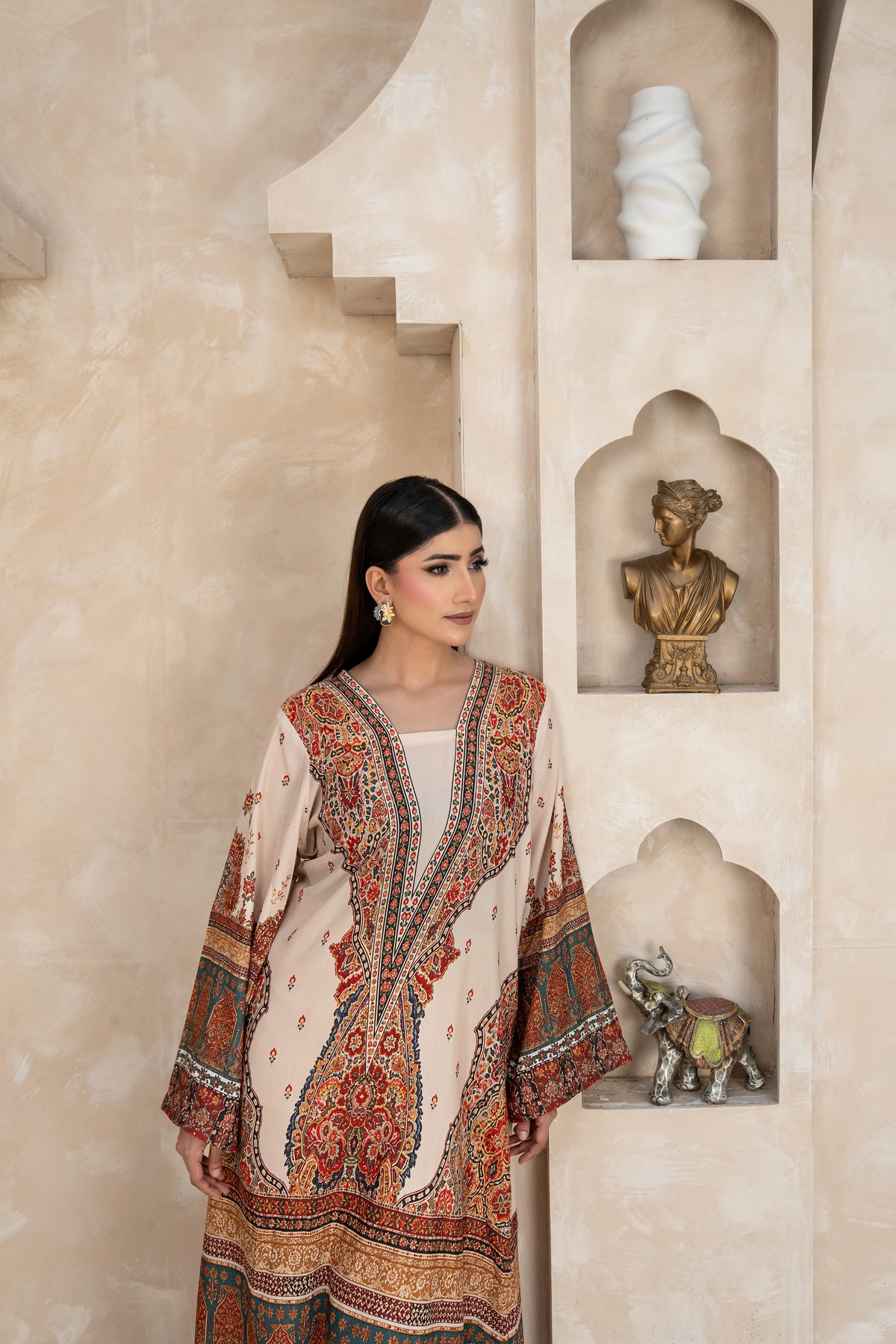 IVORY KAFTAN PRINTED ARABIC SILK (RTW1P-C1A4)